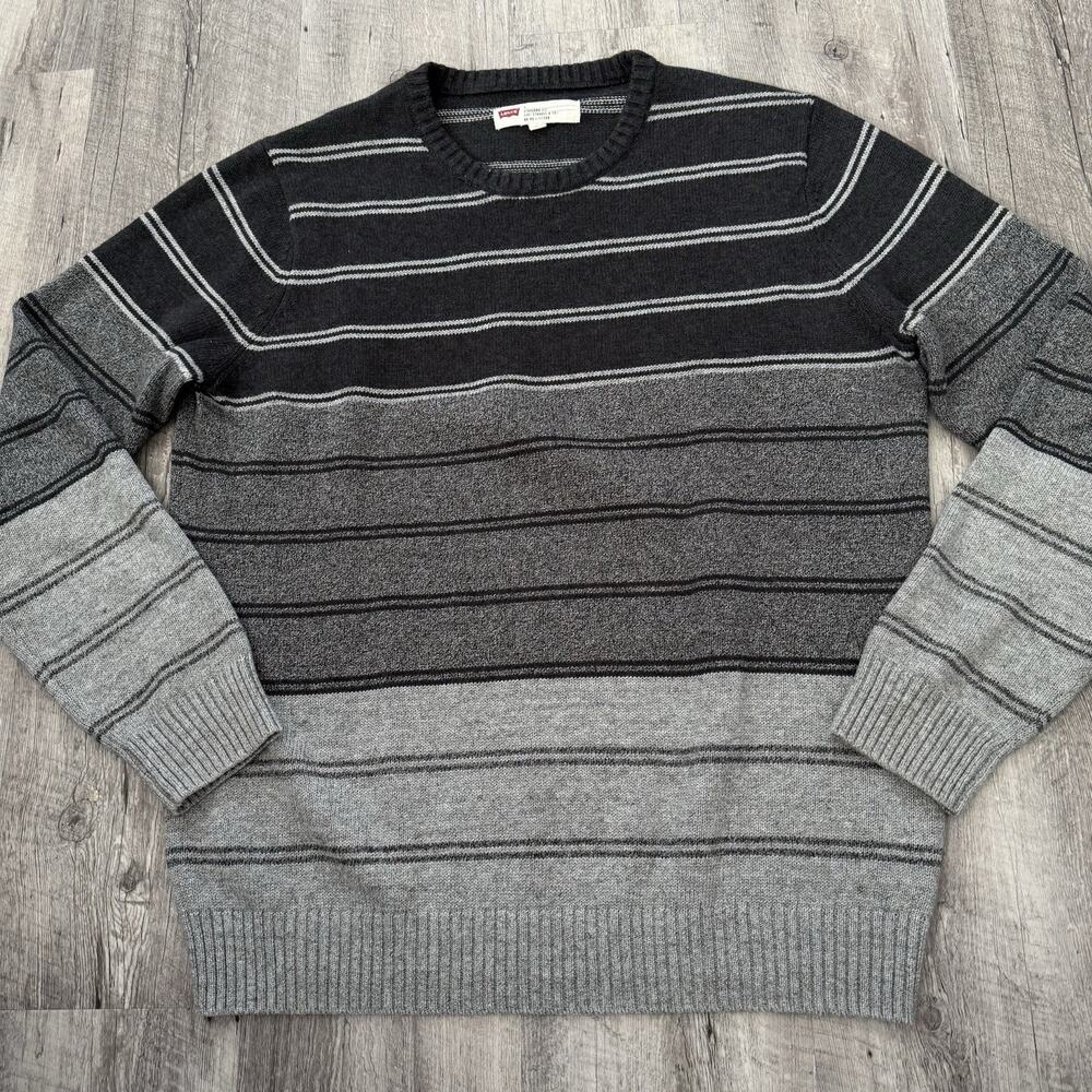 Levi's Crewneck Sweater Mens Large Standard Fit Gray Striped Raglan Cotton Blend